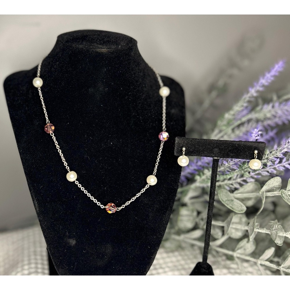 Vintage 1990s Faux Pearl and Pink Bead Costume Jewelry Necklace and Earring Set